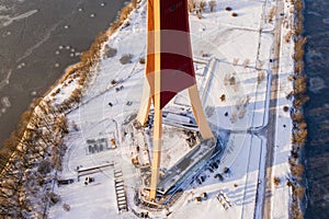 Aerial view of a tower and Daugava river in winter in Riga