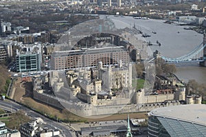 Aerial view of Tower of London Castle by River Thames in London, England