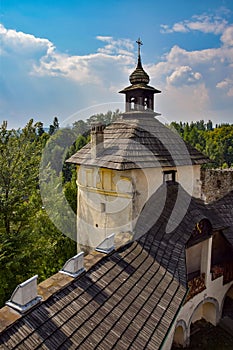 Aerial view of tower of Niedzica Castle in Southern Poland