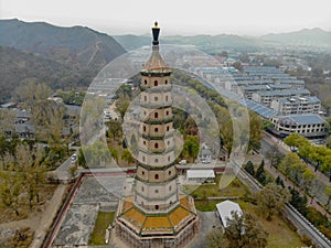 Aerial view of tower pavilion inside the Imperial Summer Palace of The Mountain Resort in Chengde.