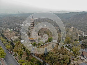 Aerial view of tower pavilion inside the Imperial Summer Palace of The Mountain Resort in Chengde.