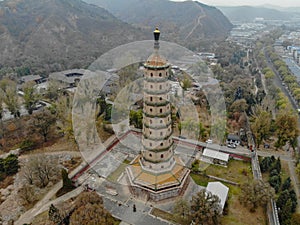 Aerial view of tower pavilion inside the Imperial Summer Palace of The Mountain Resort in Chengde.