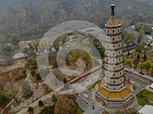 Aerial view of tower pavilion inside the Imperial Summer Palace of The Mountain Resort in Chengde.