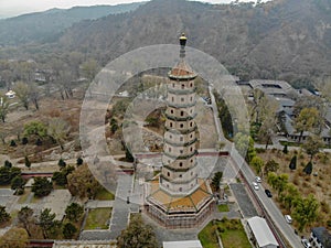 Aerial view of tower pavilion inside the Imperial Summer Palace of The Mountain Resort in Chengde.