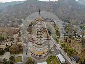 Aerial view of tower pavilion inside the Imperial Summer Palace of The Mountain Resort in Chengde