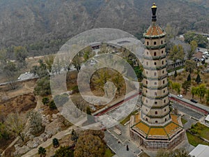 Aerial view of tower pavilion inside the Imperial Summer Palace of The Mountain Resort in Chengde