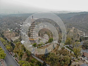 Aerial view of tower pavilion inside the Imperial Summer Palace of The Mountain Resort in Chengde