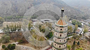 Aerial view of tower pavilion inside the Imperial Summer Palace of The Mountain Resort in Chengde