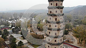 Aerial view of tower pavilion inside the Imperial Summer Palace of The Mountain Resort in Chengde