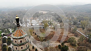 Aerial view of tower pavilion inside the Imperial Summer Palace of The Mountain Resort in Chengde