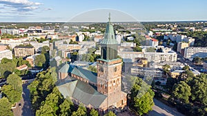 Aerial view on Tower of Turku Cathedral Finnish: Turun tuomiokirkko at summer day in Finland