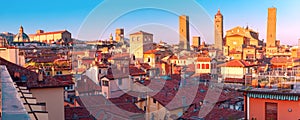 Aerial view of towers and roofs in Bologna, Italy