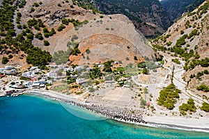 Aerial view of the town of Agia Roumeli at the exit of the Samaria Gorge Crete, Greece