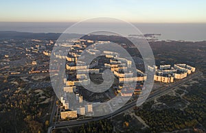 Aerial view of town in autumn at sunset.