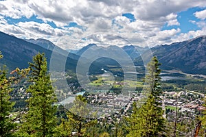 Aerial view on the town of Baff from Tunnel Moutain, Rocky Mountains, Alberta Canada photo