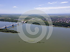 Aerial view of town of Calafat at the coast of Danube river, Romania photo