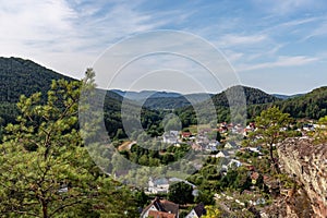 Aerial View of Town of Erfweiler seen from Hahnfels in Rockland of Dahn, Rhineland-Palatinate, Germany, Germany