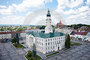 Aerial view on Town Hall in Drohobych, Ukraine from drone