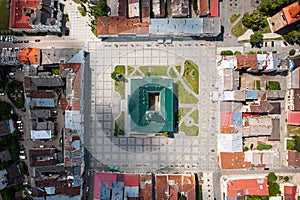 Aerial view on Town Hall in Drohobych, Ukraine from drone