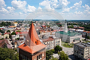 Aerial view on Town Hall in Drohobych, Ukraine from drone