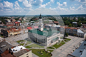 Aerial view on Town Hall in Drohobych, Ukraine from drone