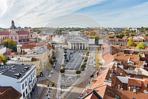 Aerial view of the Town Hall Square at the end of the Pilies Street in Vilnius. Beautiful autumn day in the capital of Lithuania