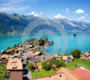 Aerial view on the town and Interlaken lake. photo