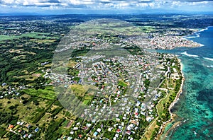 Aerial view of the town Le Moule, East coast, Grande-Terre, Guadeloupe, Caribbean