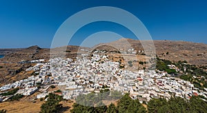 Aerial view of the town of Lindos in Rhodes, Greece