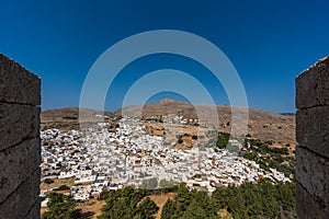 Aerial view of the town of Lindos in Rhodes, Greece