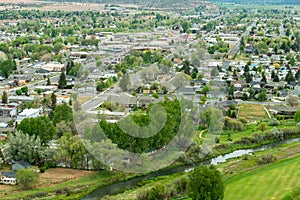 An aerial view of the town of Prineville, Oregon, USA