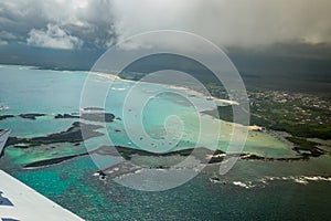 Aerial view of the town of Puerto Villamil from the air, after taking off at the Isabela Island airport, Galapagos