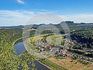 Aerial view of the town Rathen at the river Elbe in Saxon Switzerland, Germany