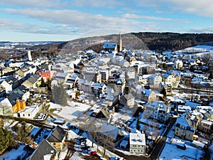 Aerial view of the town of Schneeberg in Saxony in winter