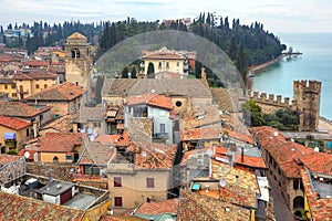 Aerial view on town of Sirmione in Italy.