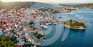 Aerial view of the town of Skiathos island, Sporades