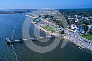 Aerial view of the town of Southport NC pier.