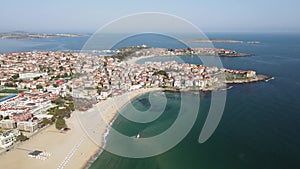 Aerial view of town of Sozopol and Harmanite Beach, Bulgaria