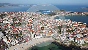 Aerial view of town of Sozopol and Harmanite Beach, Bulgaria