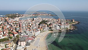 Aerial view of town of Sozopol and Harmanite Beach, Bulgaria