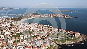 Aerial view of town of Sozopol and Harmanite Beach, Bulgaria