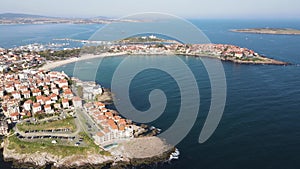 Aerial view of town of Sozopol and Harmanite Beach, Bulgaria