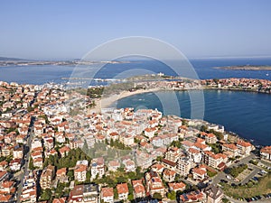 Aerial view of town of Sozopol and Harmanite Beach, Bulgaria