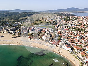 Aerial view of town of Sozopol and Harmanite Beach, Bulgaria