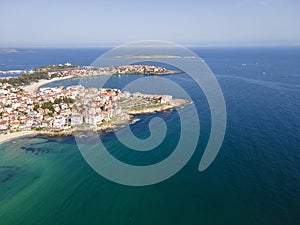 Aerial view of town of Sozopol and Harmanite Beach, Bulgaria