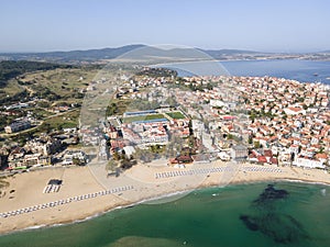 Aerial view of town of Sozopol and Harmanite Beach, Bulgaria