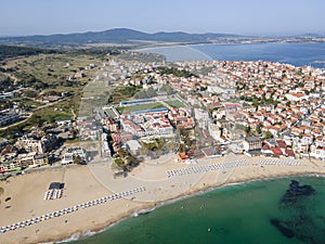 Aerial view of town of Sozopol and Harmanite Beach, Bulgaria