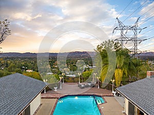 Aerial view of town at sunset in Encino, CA