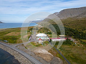 Aerial view of town of Talknafjordur in the Icelandic westfjords