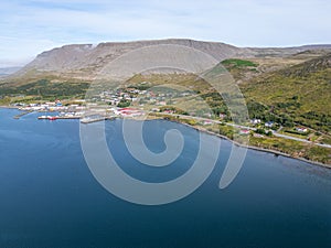 Aerial view of town of Talknafjordur in the Icelandic westfjords